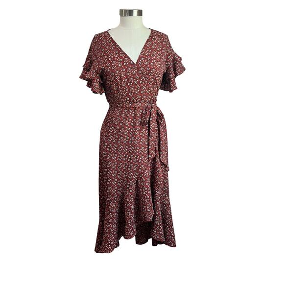 Max Studio Women's Red Floral Midi Ruffle Wrap Dress Size Small - Picture 1 of 11